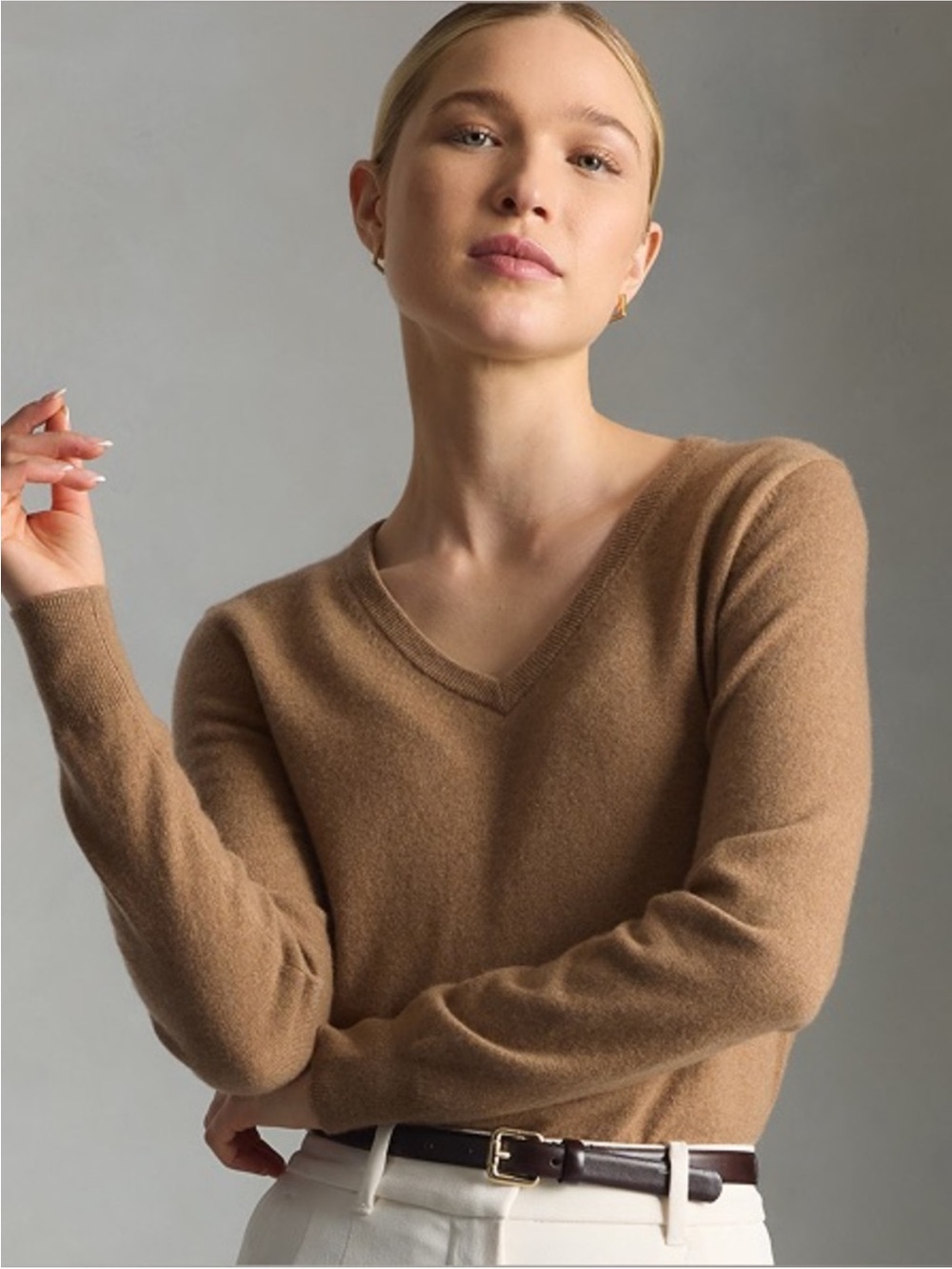Quince 100% Mongolian Cashmere V Neck Sweater Teak Camel Tan Large